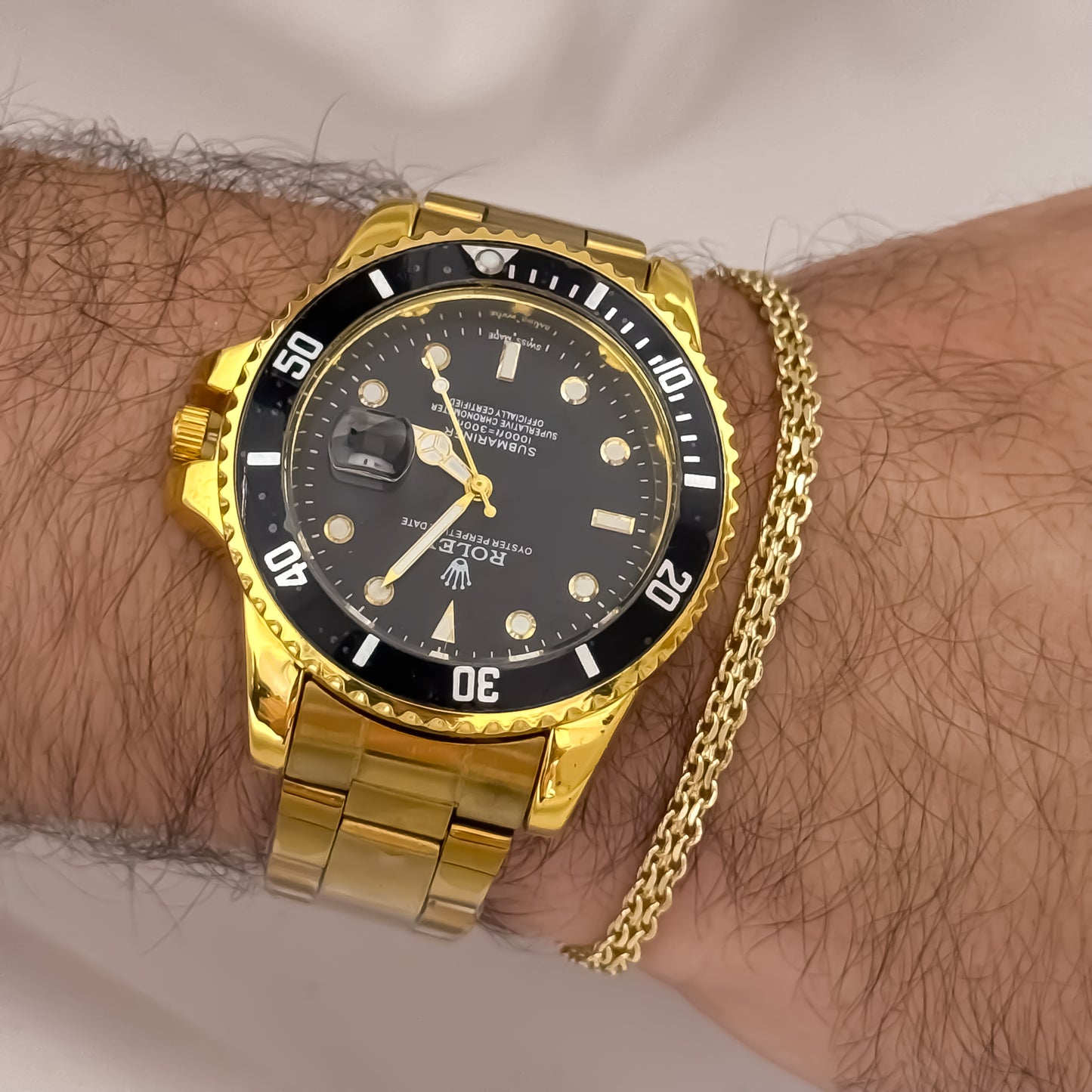 Reloj Amarillo Rolex de Alta Calidad 1.1 Laminado + Pulsera China de 20cm de 4mm en Oro Laminado 18k con Garantia de por vida