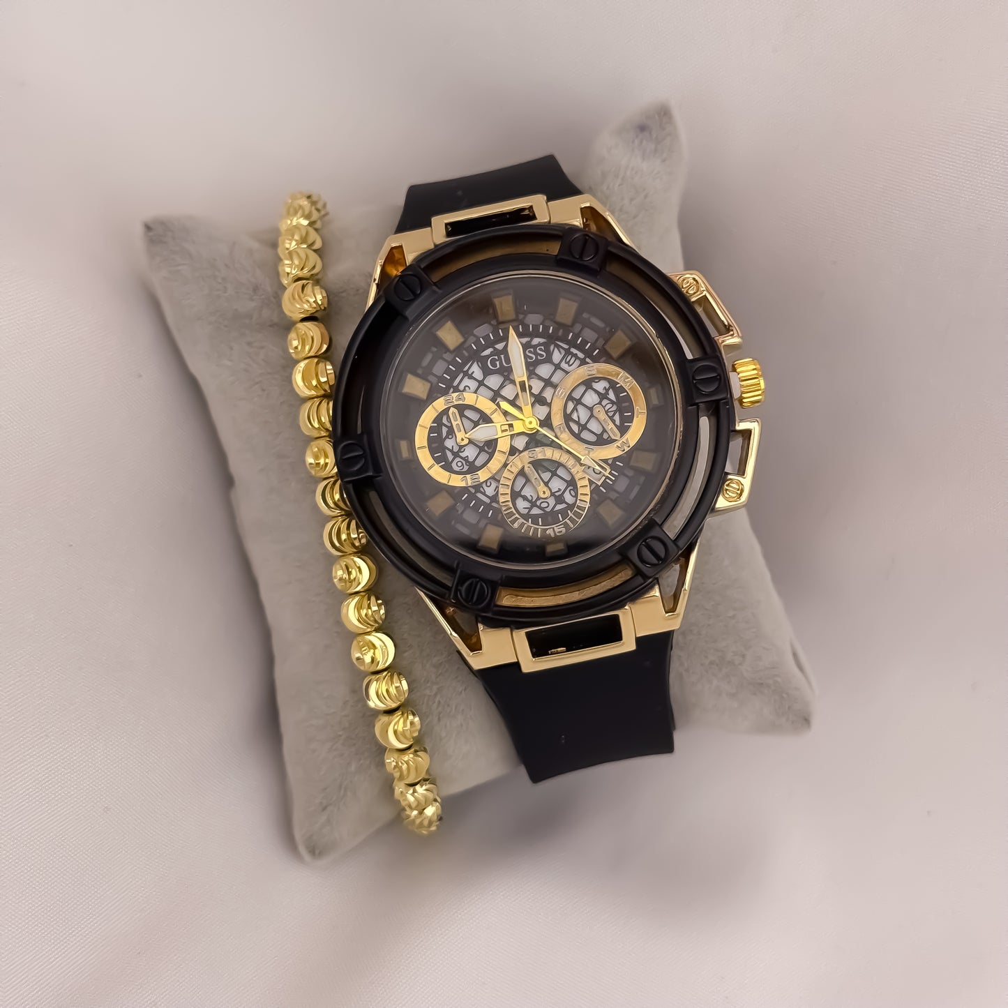 Reloj Guess de Alta Calidad Automatico Sumergible Garantizado + Pulsera Balin Italiano de 6mm en Oro Laminado 18k con Garantía de por vida