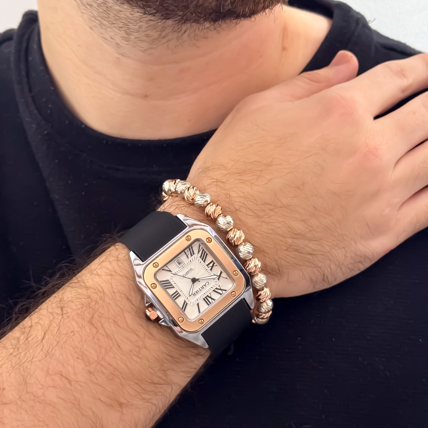 Reloj Cartier Hombre Bicolor Manilla Goma Automático Sumergible con Garantía + Pulseras Laminado 18k Garantia de por vida