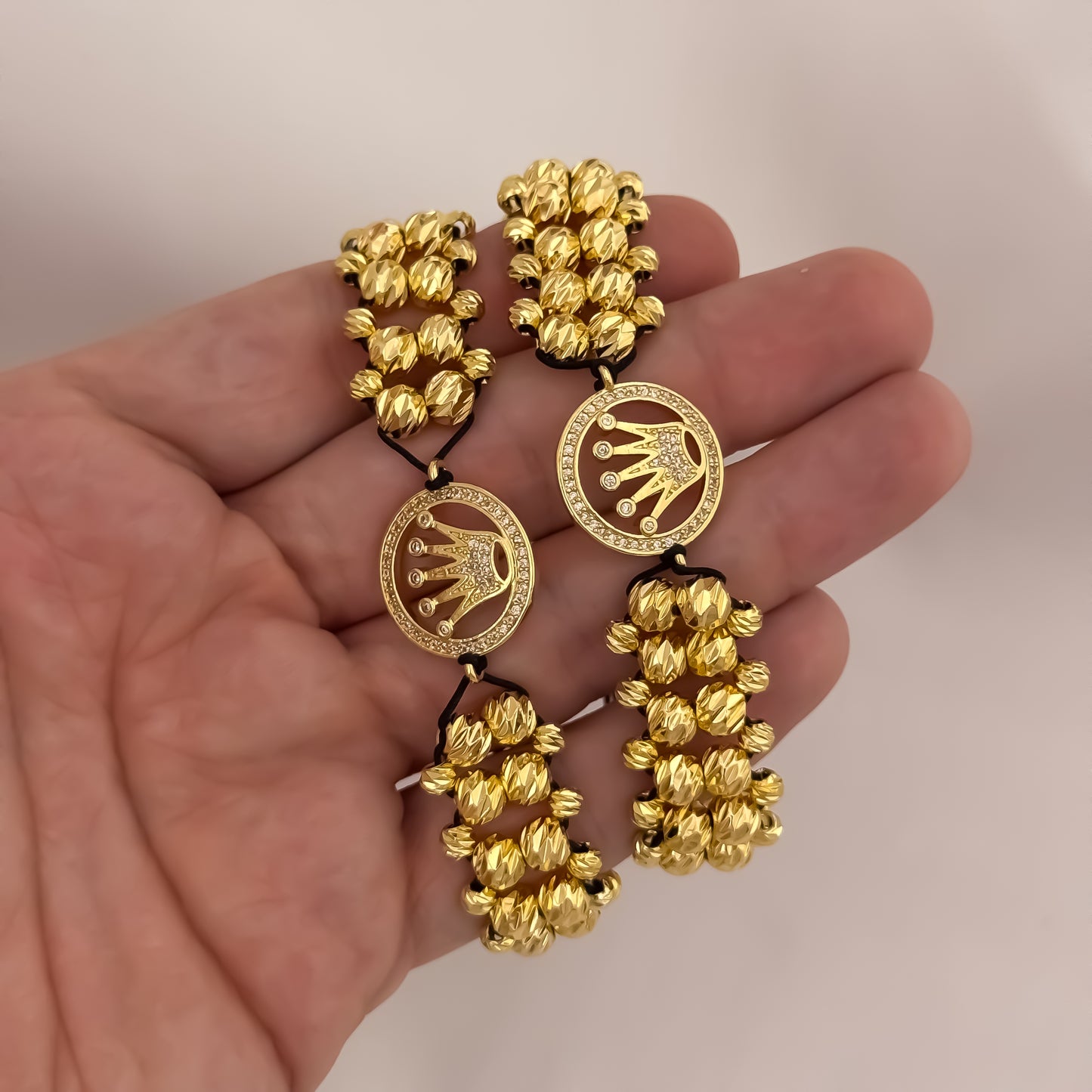 Promoción de 2 Pulseras para Parejas Doble Carril en Balin Italiano de 6mm y 4mm con Corona Rolex Rey y Reina en Oro Laminado 18k