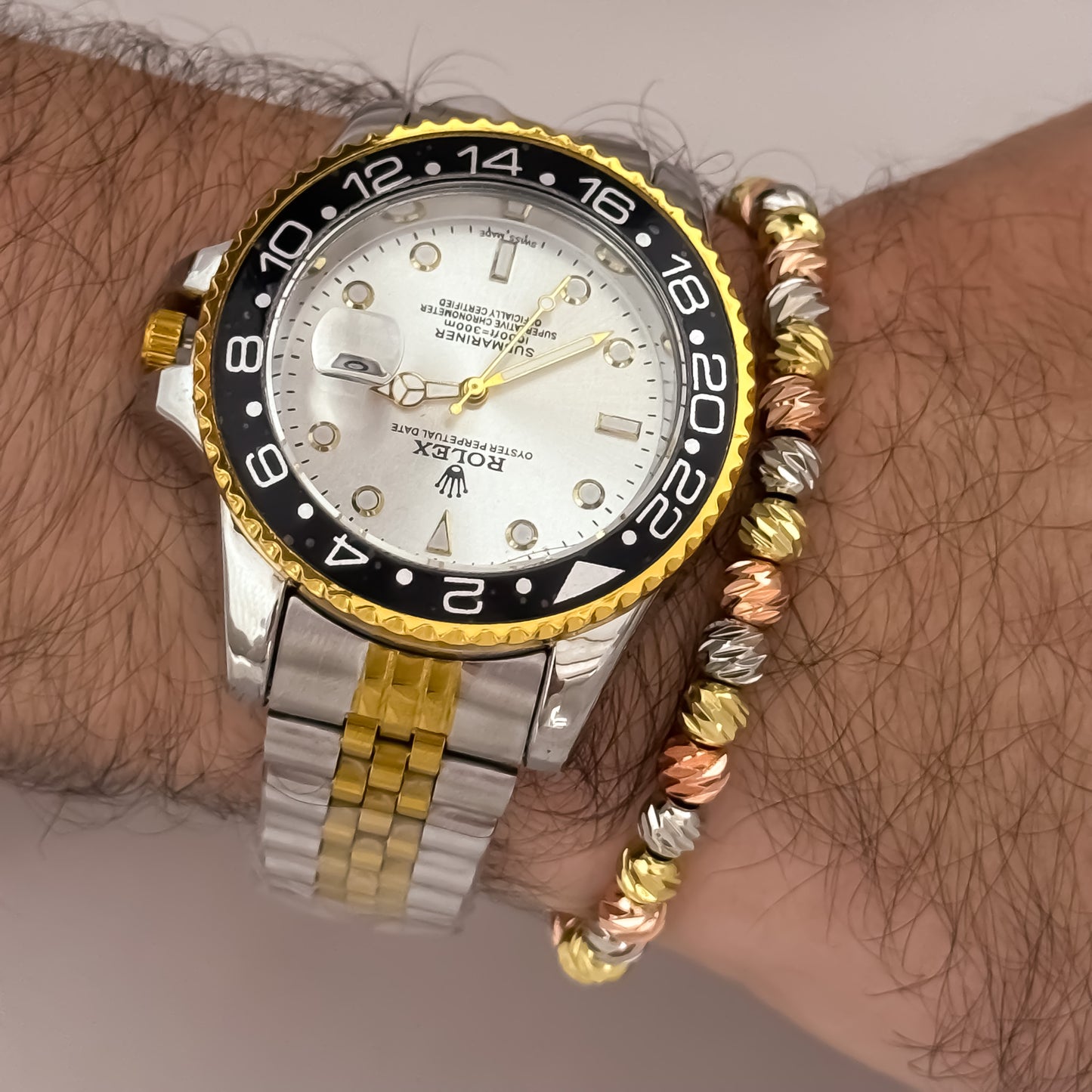 Reloj Bicolor Rolex de Alta Calidad 1.1 + Pulsera de 3 OROS en Balin Italiano en Oro Laminado 18k con Garantia de por vida