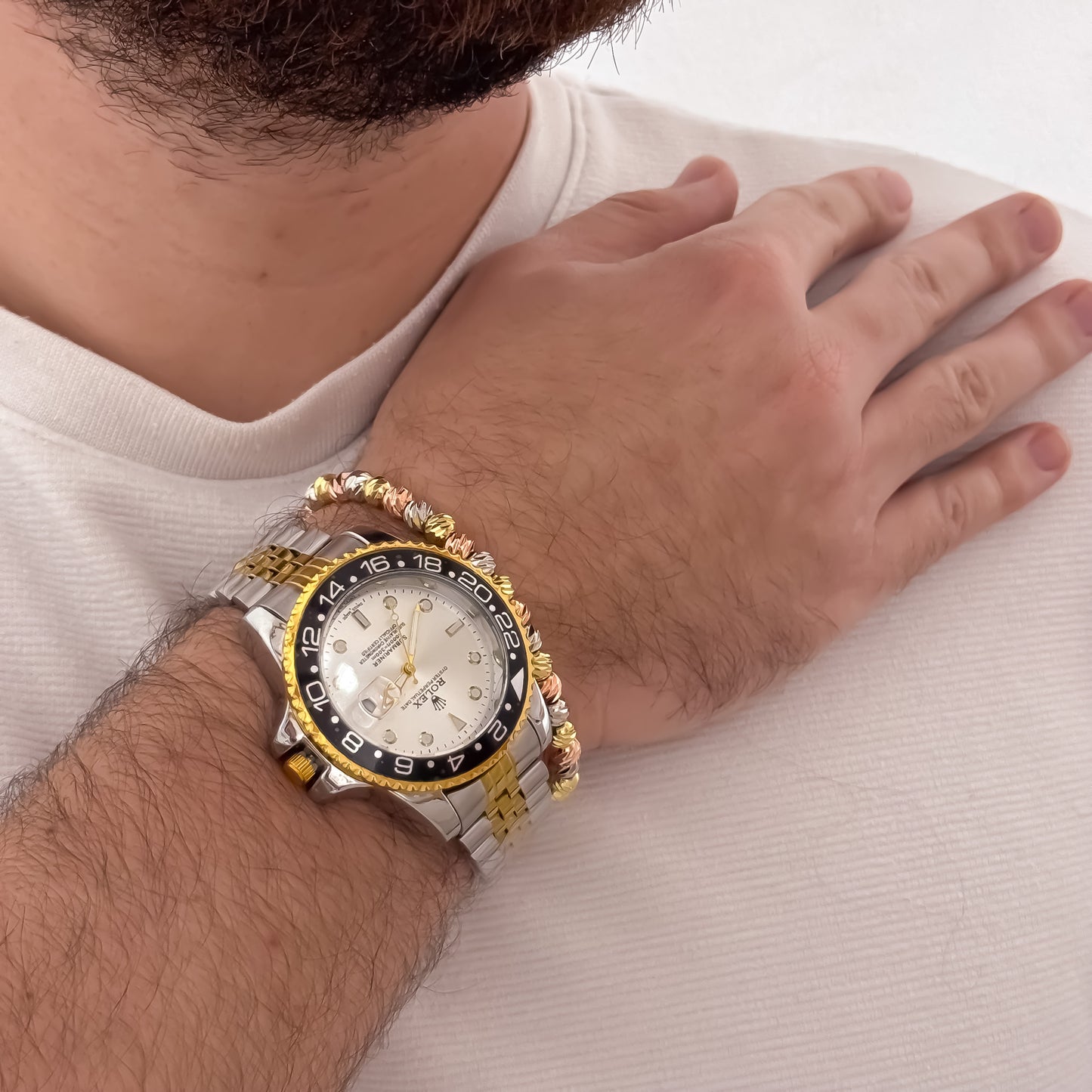 Reloj Bicolor Rolex de Alta Calidad 1.1 + Pulsera de 3 OROS en Balin Italiano en Oro Laminado 18k con Garantia de por vida