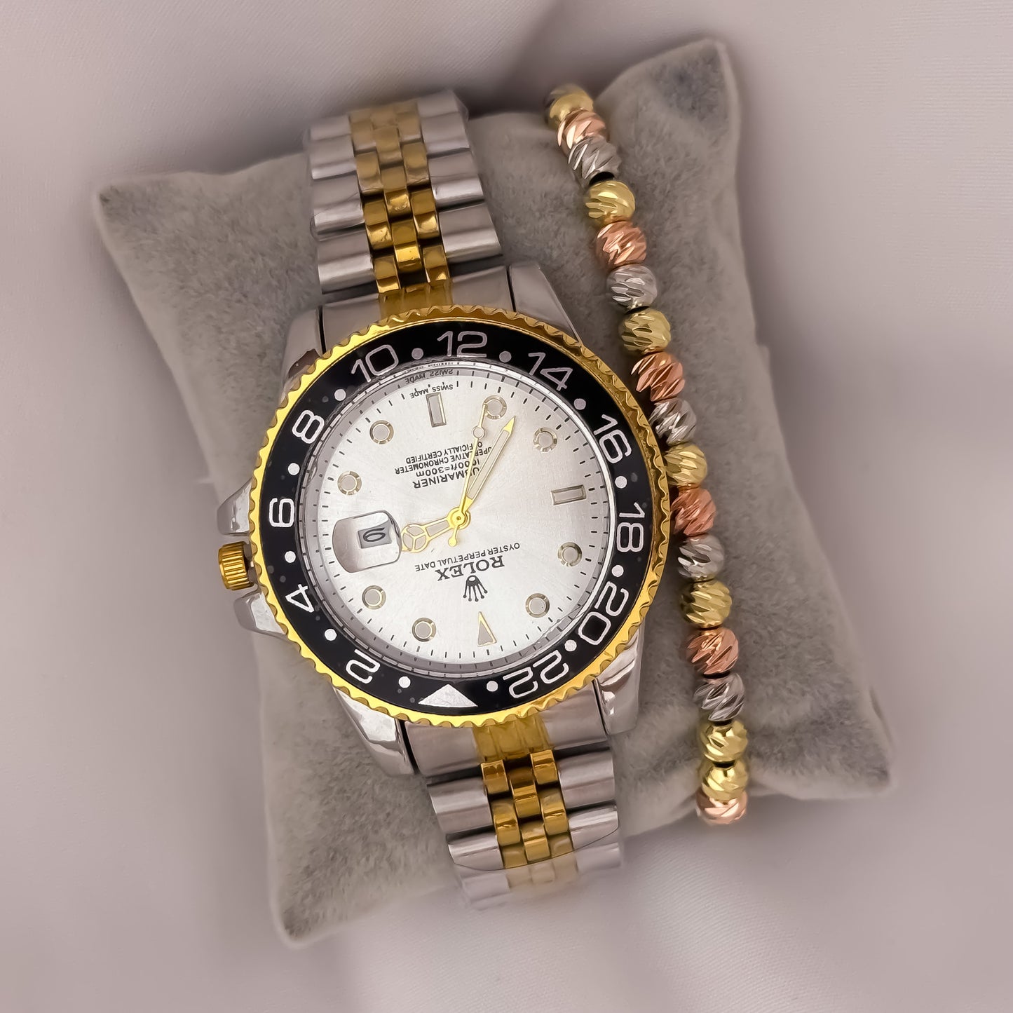 Reloj Bicolor Rolex de Alta Calidad 1.1 + Pulsera de 3 OROS en Balin Italiano en Oro Laminado 18k con Garantia de por vida