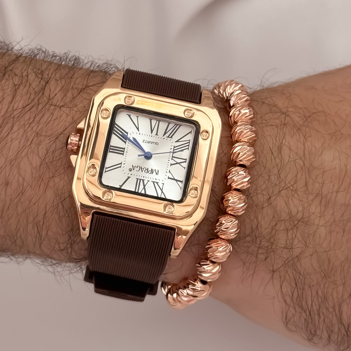 Reloj Catier en Oro Rosa  Automatico Sumergible Correa de Goma + Pulsera Oro Rosa Balin Italiano de 8mm en Oro Laminado 18k con Garantia de por vida