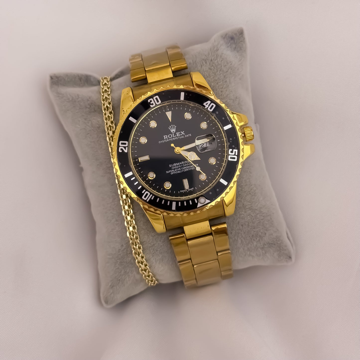 Reloj Amarillo Rolex de Alta Calidad 1.1 Laminado + Pulsera China de 20cm de 4mm  en Oro Laminado 18k con Garantia de por vida