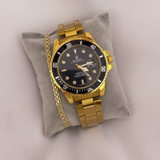 Reloj Amarillo Rolex de Alta Calidad 1.1 Laminado + Pulsera China de 20cm de 4mm  en Oro Laminado 18k con Garantia de por vida
