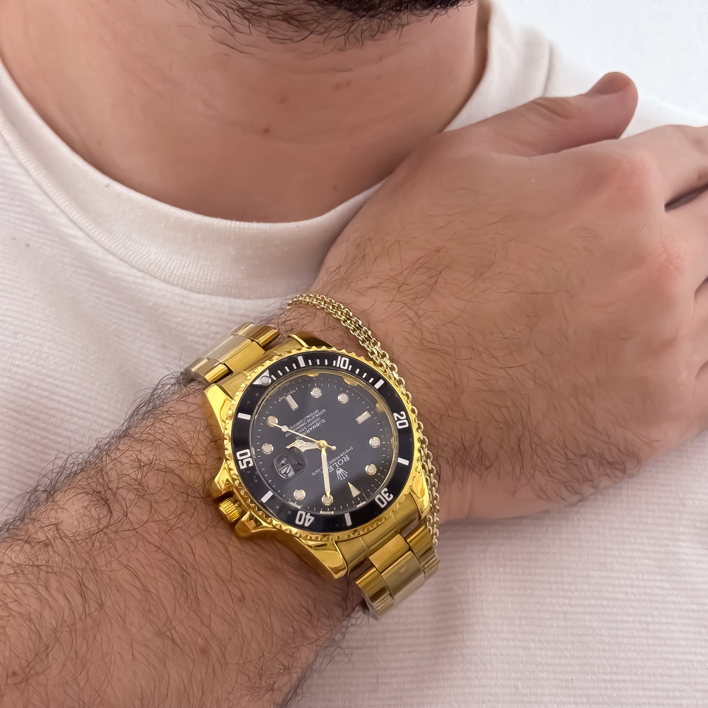 Reloj Amarillo Rolex de Alta Calidad 1.1 Laminado + Pulsera China de 20cm de 4mm  en Oro Laminado 18k con Garantia de por vida