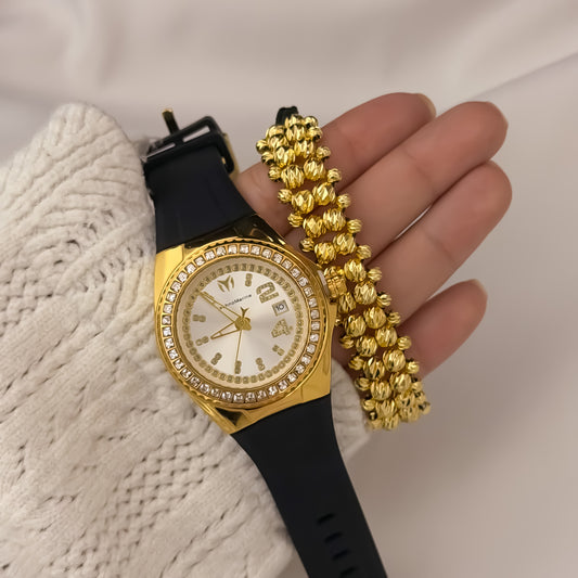 Reloj Techno Marine Unisex de Alta Calidad  Automatico  Sumergible  Garantizado + Pulsera Balin Italiano de 6mm en Oro Laminado 18k con Garantía de por vida