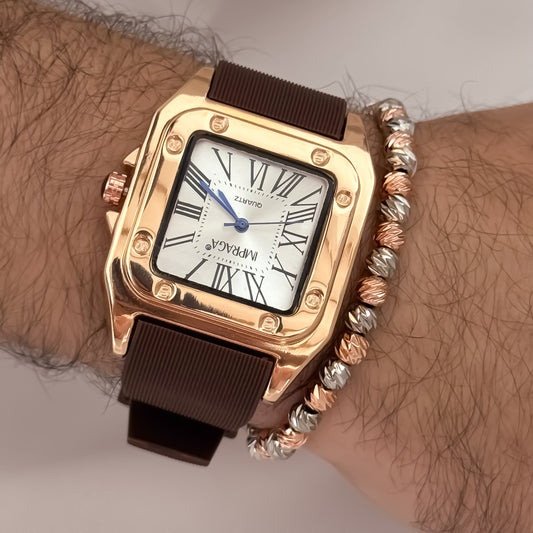 Reloj Catier en Oro Rosa  Automatico Sumergible Correa de Goma + Pulsera Oro Rosa Balin Italiano de 8mm en Oro Laminado 18k con Garantia de por vida