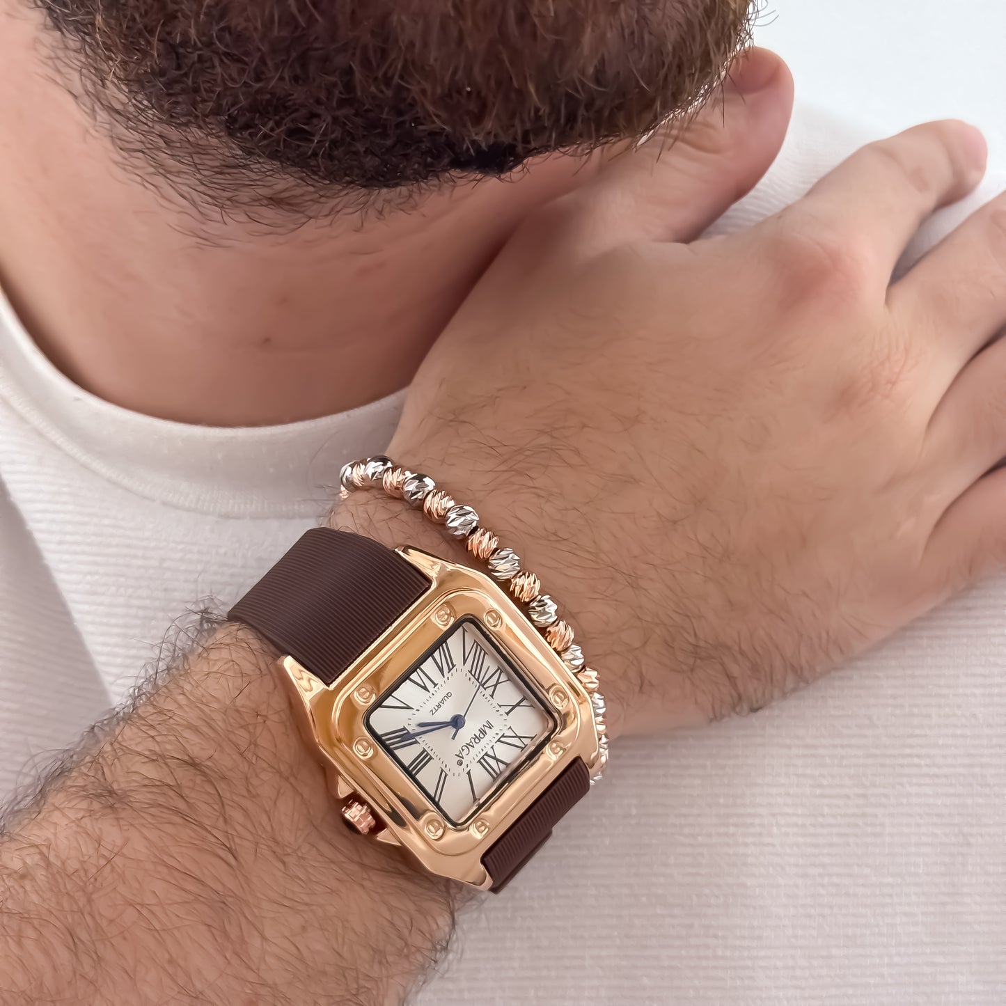 Reloj Catier en Oro Rosa  Automatico Sumergible Correa de Goma + Pulsera Oro Rosa Balin Italiano de 8mm en Oro Laminado 18k con Garantia de por vida