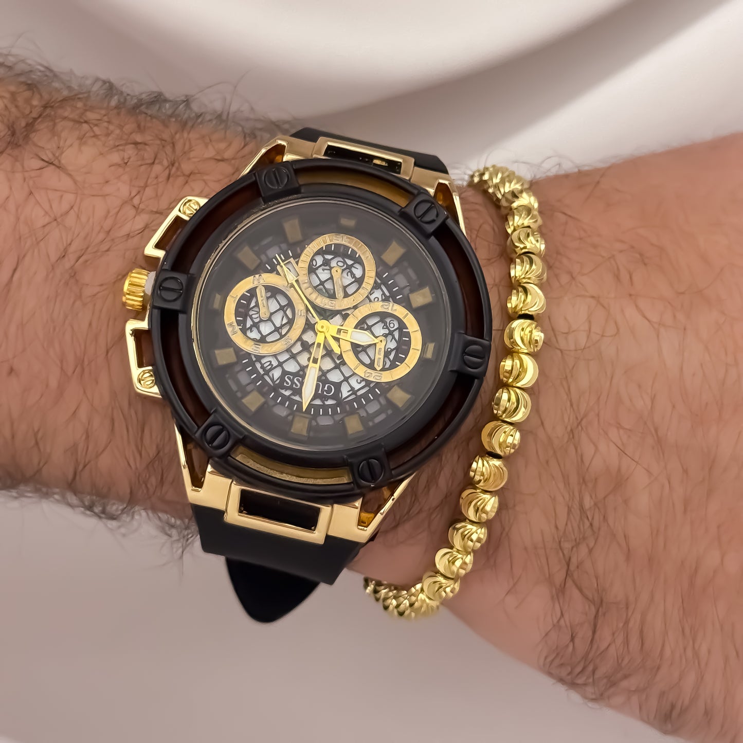 Reloj Guess de Alta Calidad  Automatico  Sumergible  Garantizado + Pulsera Balin Italiano de 6mm en Oro Laminado 18k con Garantía de por vida