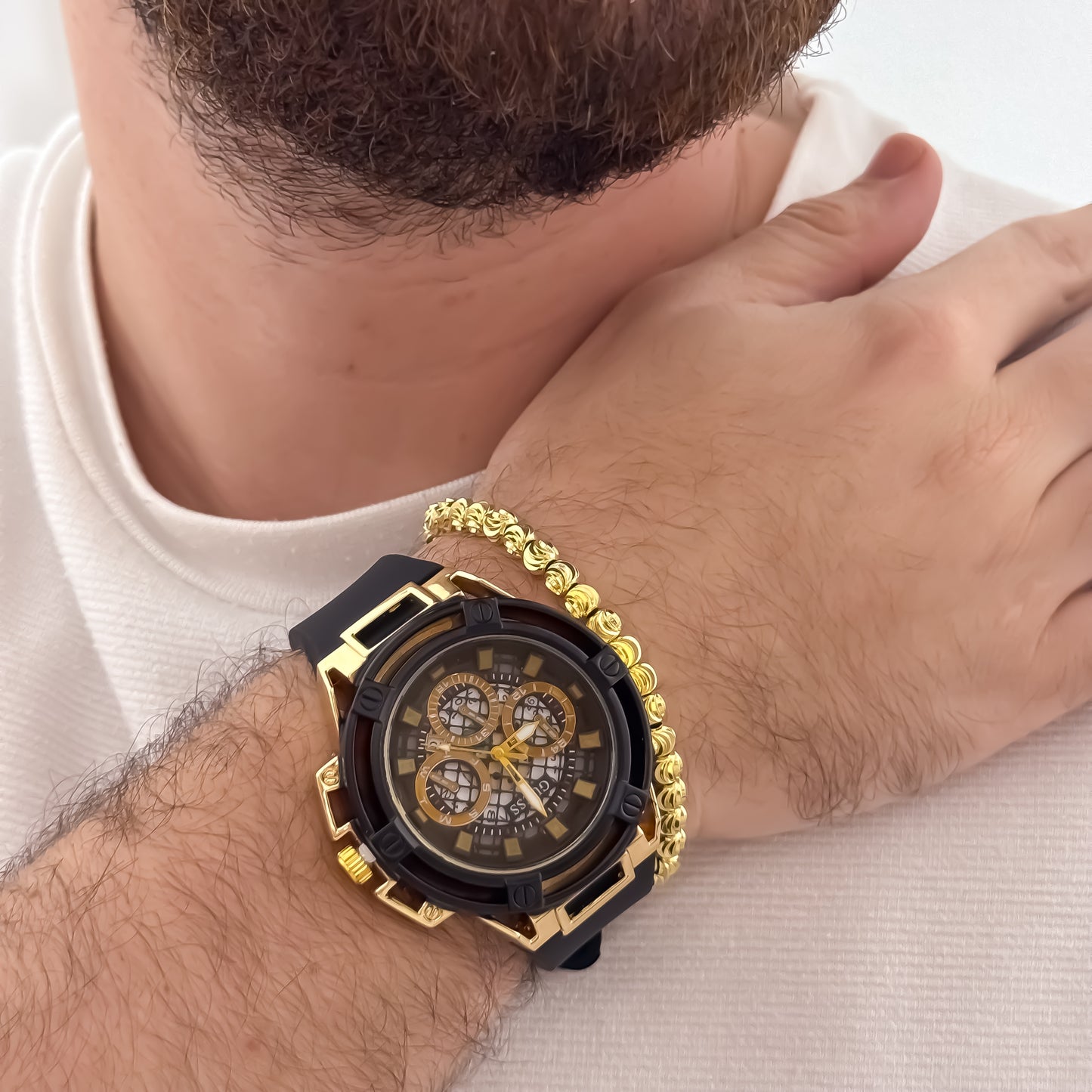 Reloj Guess de Alta Calidad  Automatico  Sumergible  Garantizado + Pulsera Balin Italiano de 6mm en Oro Laminado 18k con Garantía de por vida