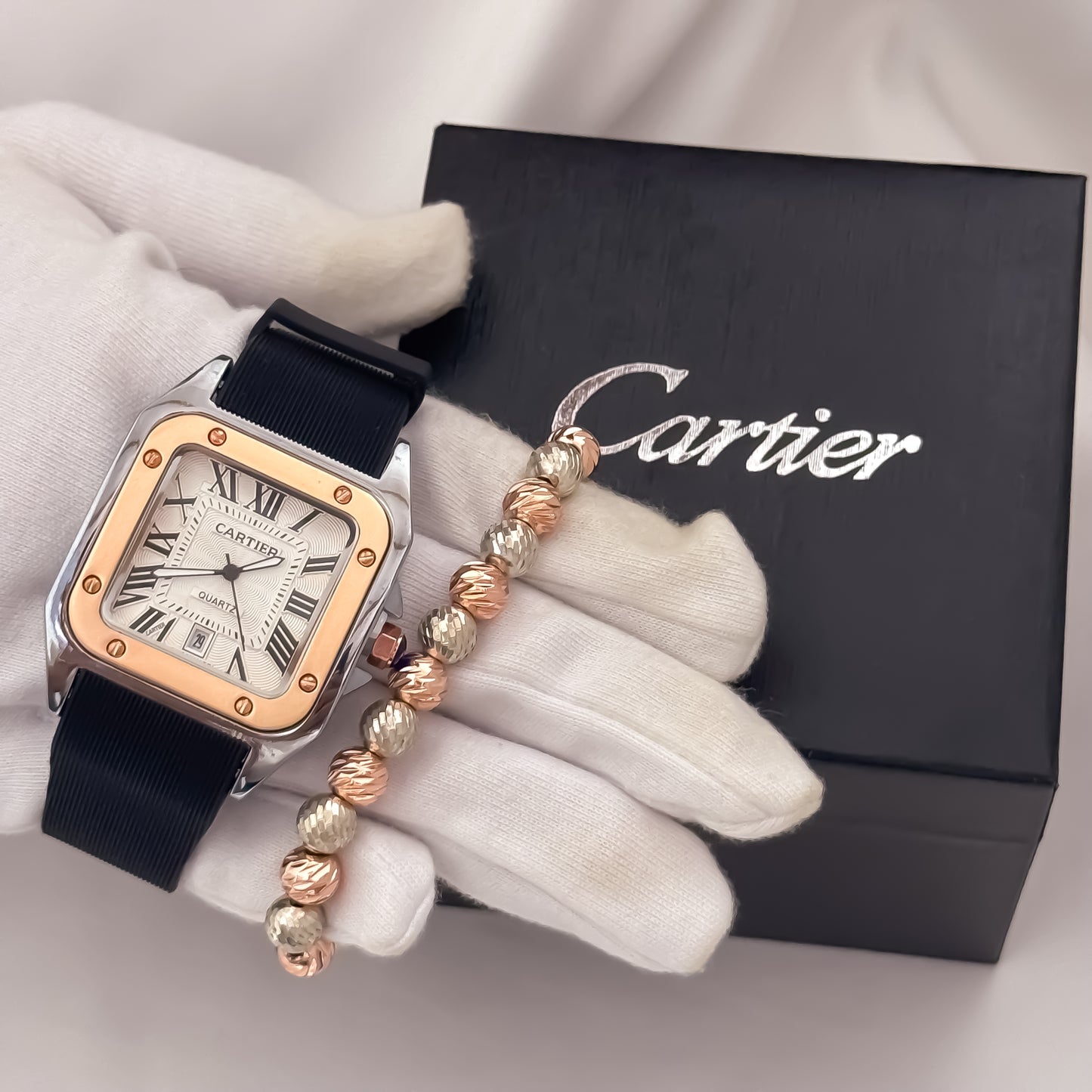 Reloj Cartier Hombre Bicolor Manilla Goma Automático Sumergible con Garantía + Pulseras Laminado 18k Garantia de por vida