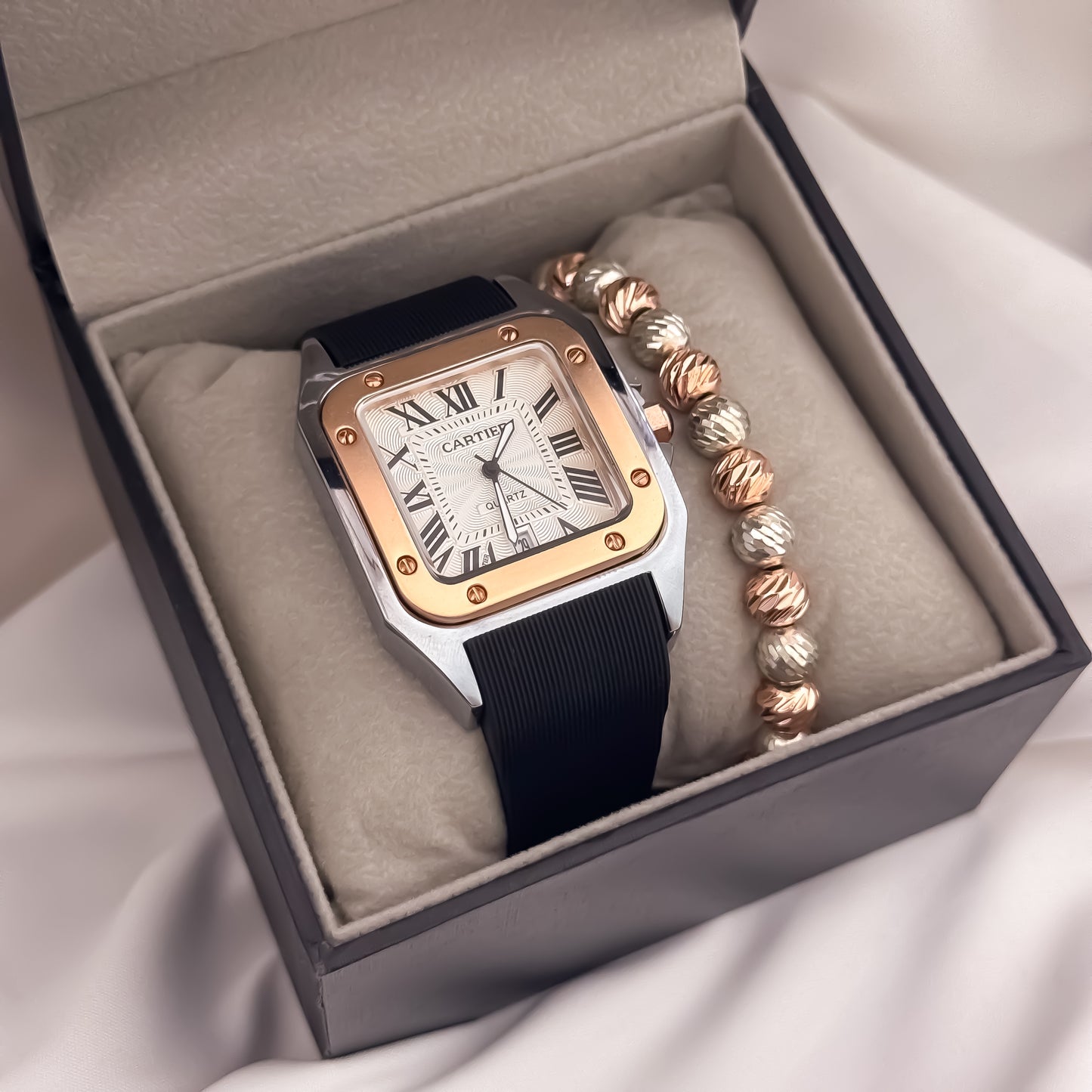 Reloj Cartier Hombre Bicolor Manilla Goma Automático Sumergible con Garantía + Pulseras Laminado 18k Garantia de por vida