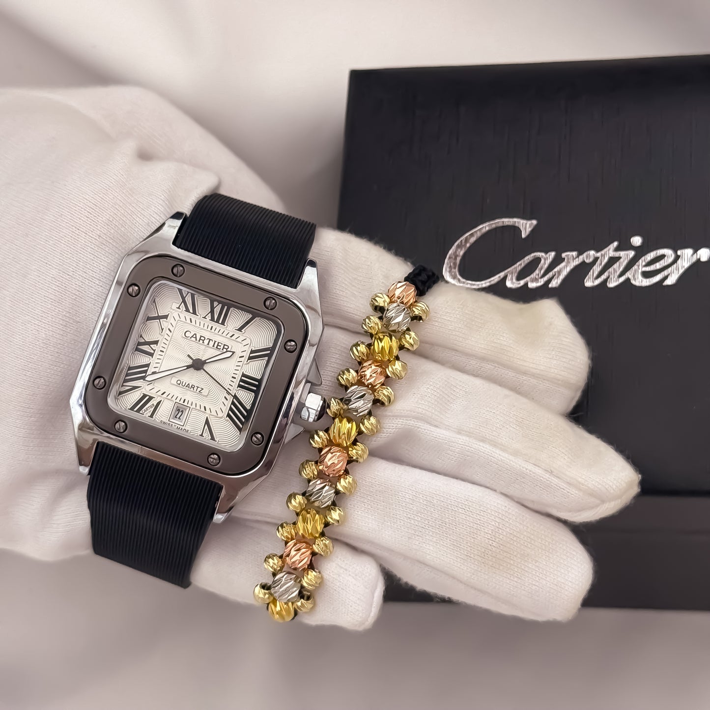 Reloj Cartier Hombre Bicolor Manilla Goma Automático Sumergible con Garantía + Pulseras Laminado 18k Garantia de por vida