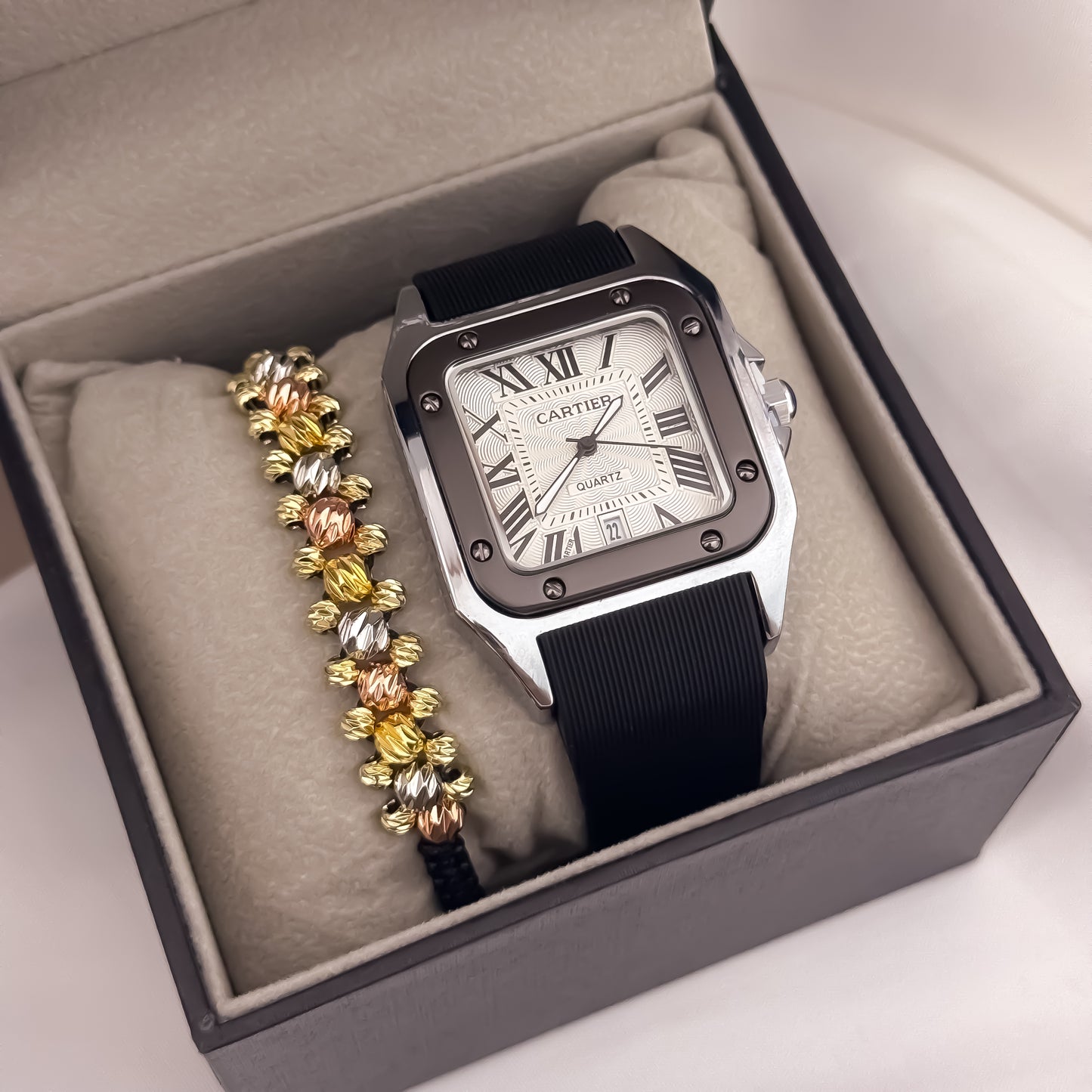 Reloj Cartier Hombre Bicolor Manilla Goma Automático Sumergible con Garantía + Pulseras Laminado 18k Garantia de por vida