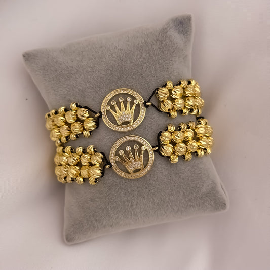 Promoción de 2 Pulseras para Parejas Doble Carril  en Balin Italiano de 6mm y 4mm con Corona Rolex Rey y Reina en Oro Laminado 18k