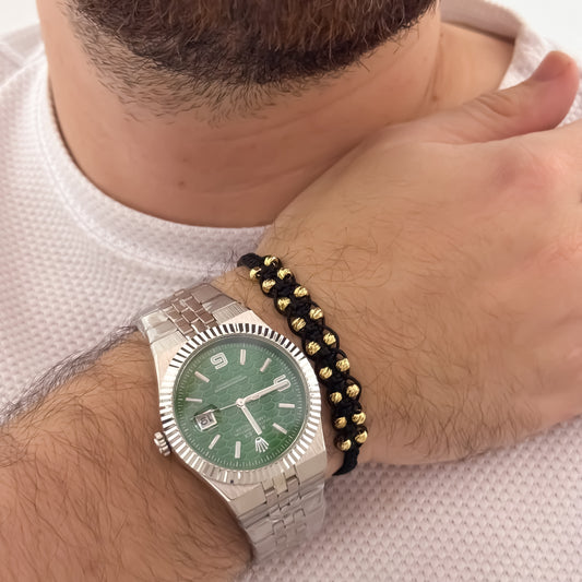 ROLEX PLATEADO FONDO VERDE LAMINADO 18K + PULSERAS TEJIDA EN BALIN ITALIANO DE 4MM  EN ORO LAMIANDO 18K CON GARANTIA DE POR VIDA