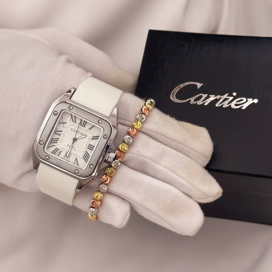 Reloj Cartier Hombre Blanco Manilla Goma Automático Sumergible con Garantía + Pulseras de 3 OROS en Oro Laminado 18k Garantia de por vida