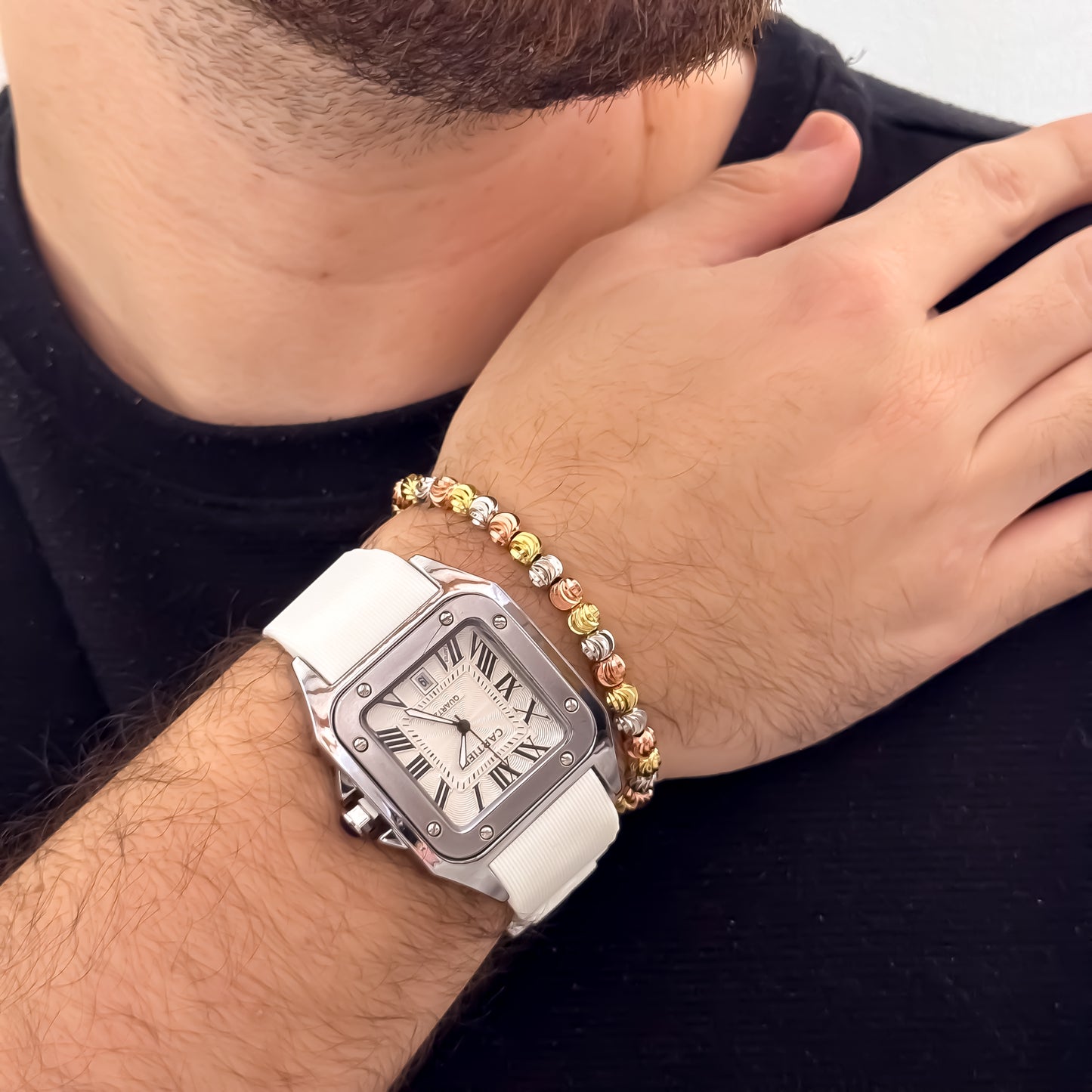 Reloj Cartier Hombre Blanco Manilla Goma Automático Sumergible con Garantía + Pulseras de 3 OROS en Oro Laminado 18k Garantia de por vida
