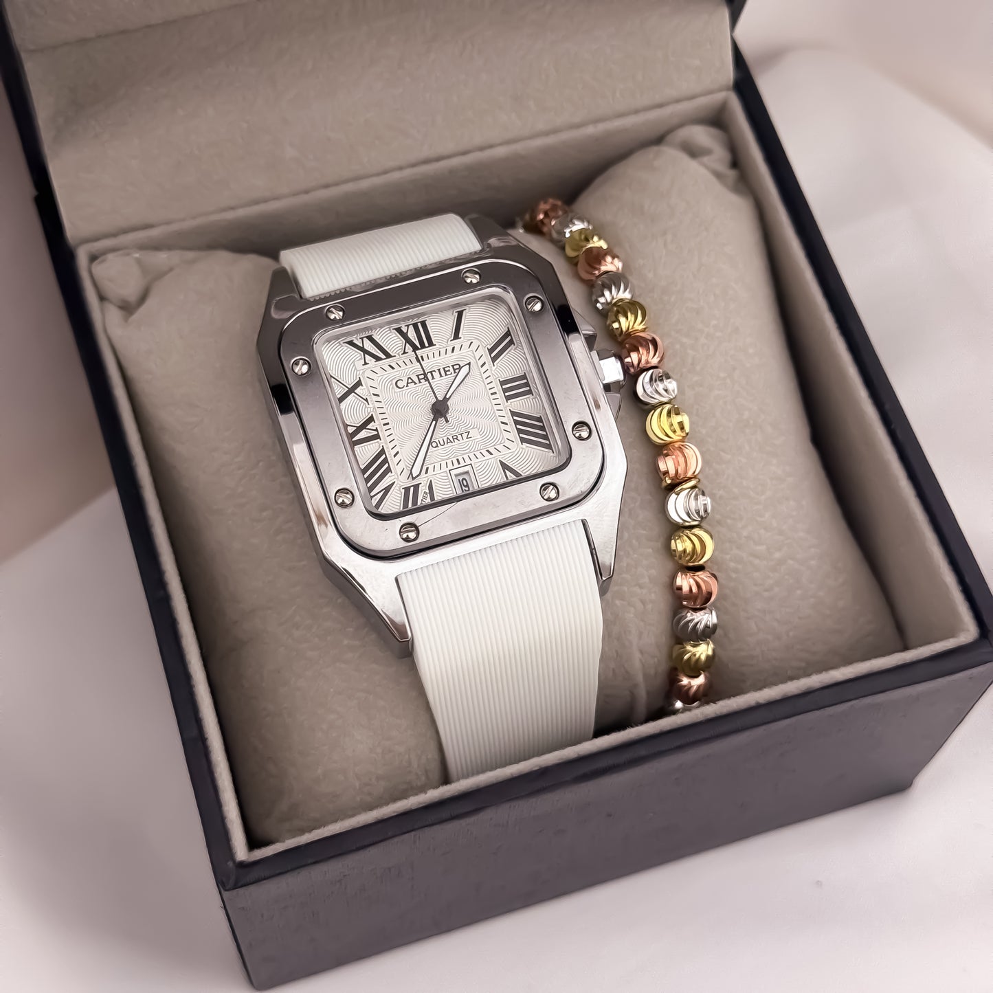 Reloj Cartier Hombre Blanco Manilla Goma Automático Sumergible con Garantía + Pulseras de 3 OROS en Oro Laminado 18k Garantia de por vida